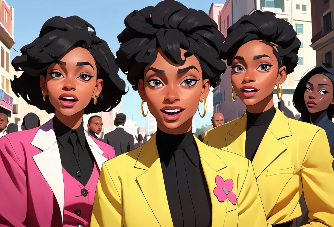 A diverse group of black individuals in stylish clothing, showcasing their unique fashion and joyful expressions, in a vibrant urban setting..