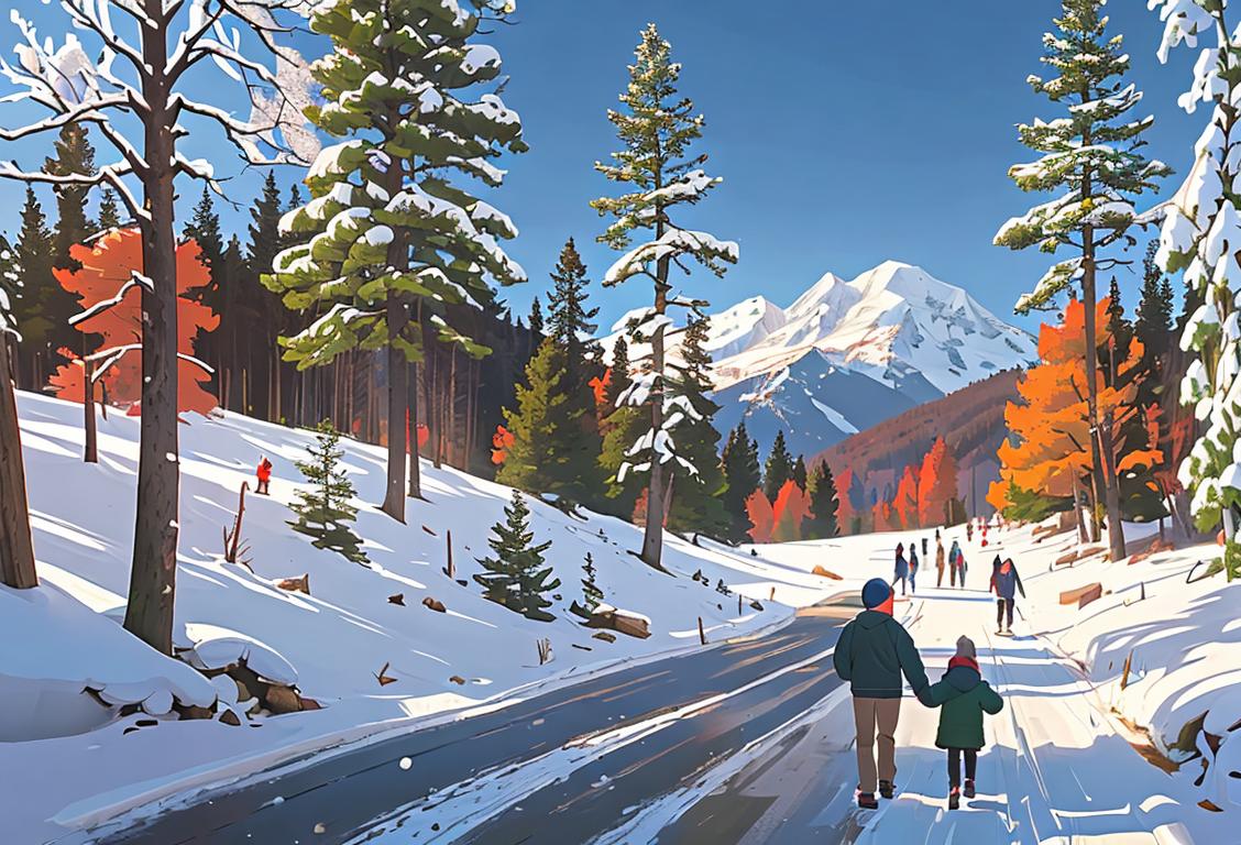 Young family hiking in a national park, wearing winter jackets, surrounded by snow-covered mountains and pine trees..