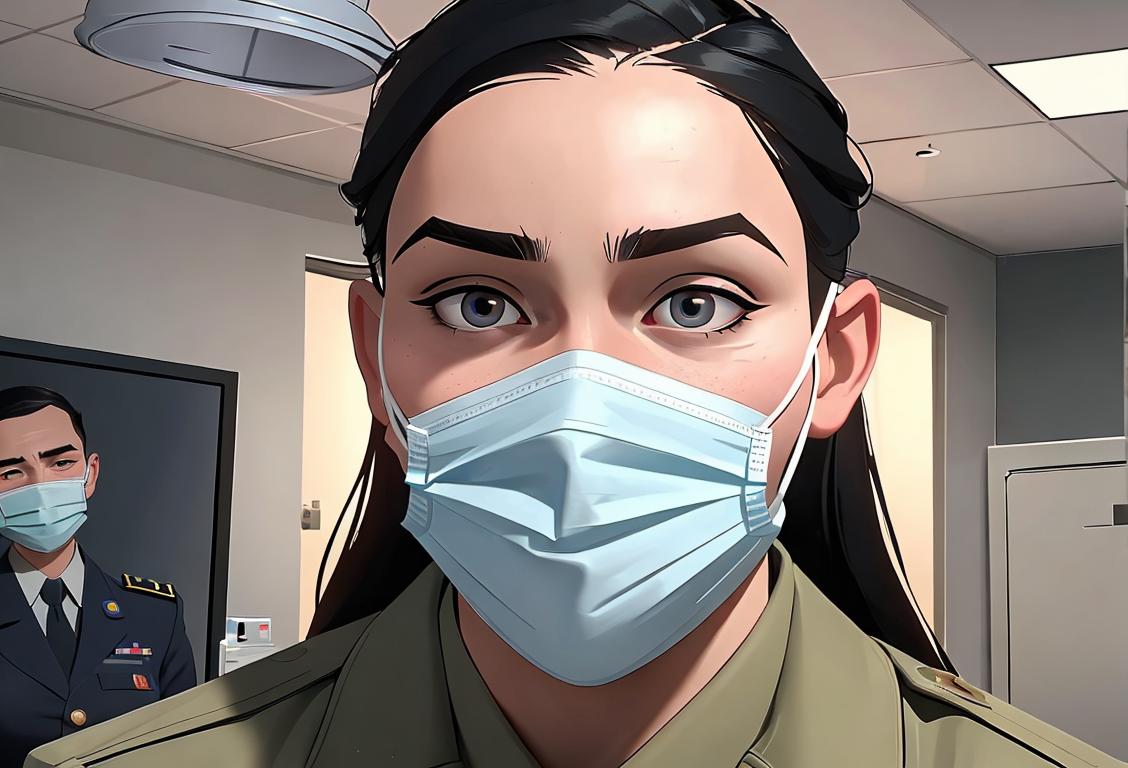 National Guard soldier in uniform, wearing a face mask, helping out in a hospital setting, surrounded by medical equipment and supplies..