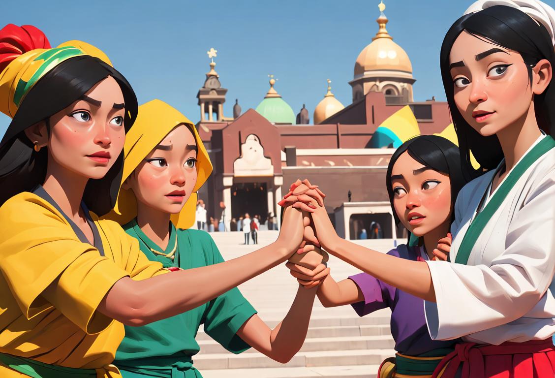 Group of diverse people holding hands, wearing various cultural attire, against a vibrant city backdrop, celebrating unity on National Assembly Day..