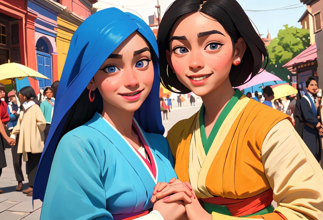Young people of diverse backgrounds, wearing colorful traditional costumes, holding hands and smiling, in a vibrant multicultural city setting..