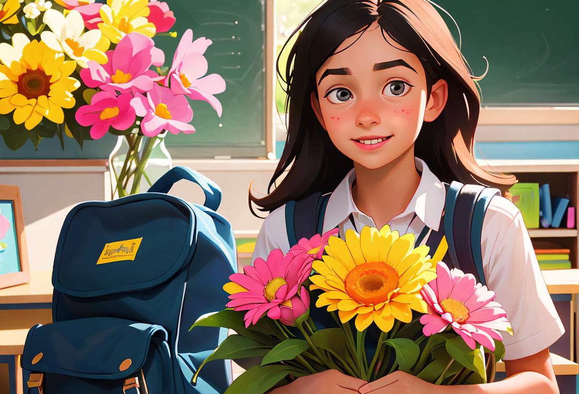 Young students sharing a colorful bouquet of flowers, wearing school uniforms, cheerful classroom setting with books and backpacks..