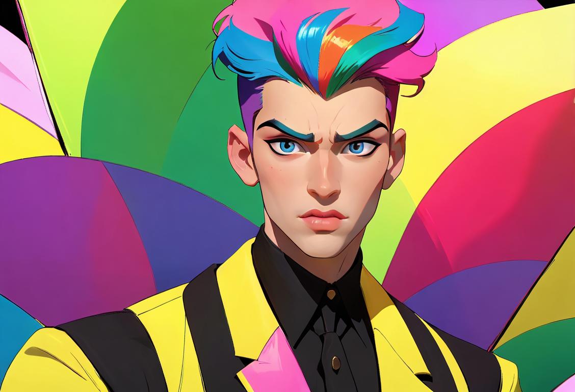 Young man with fabulous hair, wearing a stylish outfit, striking a fierce pose in a colorful Pride parade celebration..