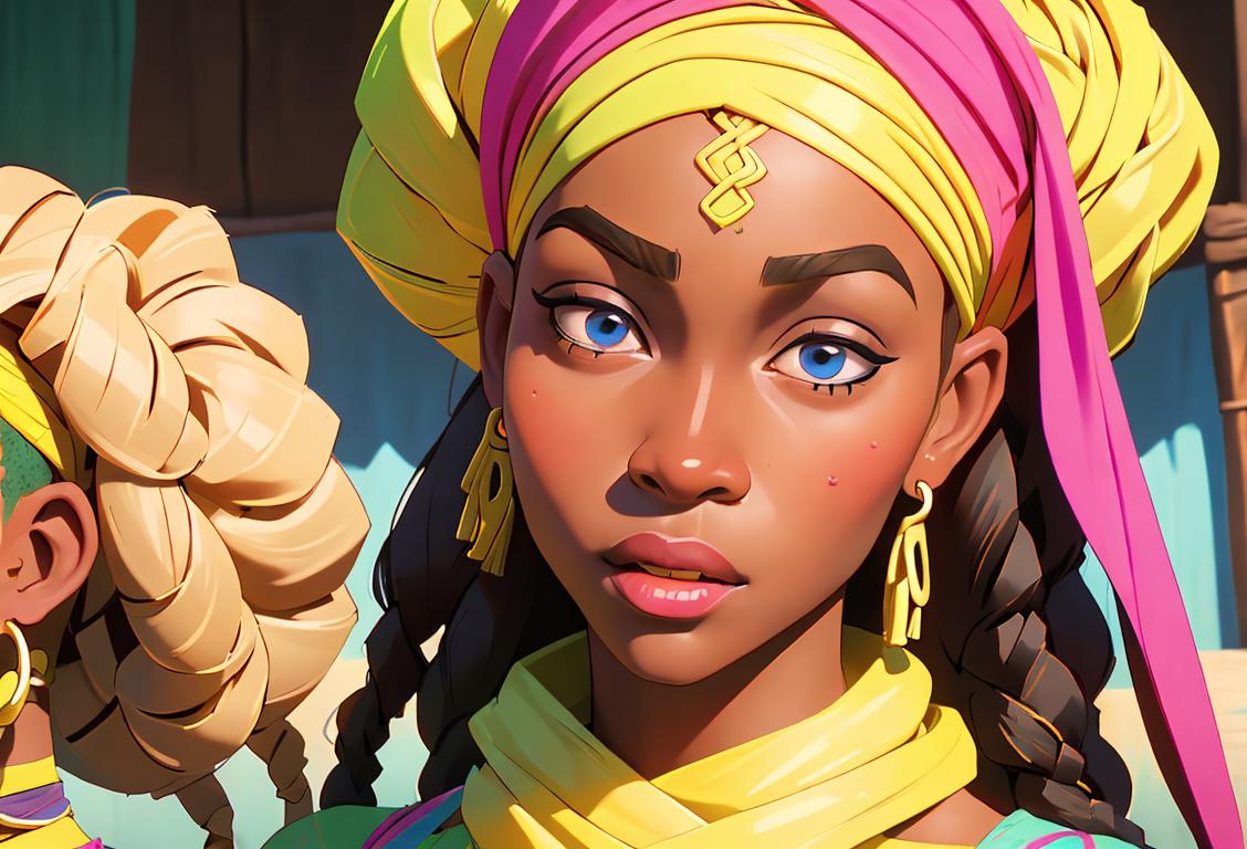 Young woman with intricate cornrow hairstyle, wearing colorful headscarf, African tribal fashion, vibrant African marketplace scene..