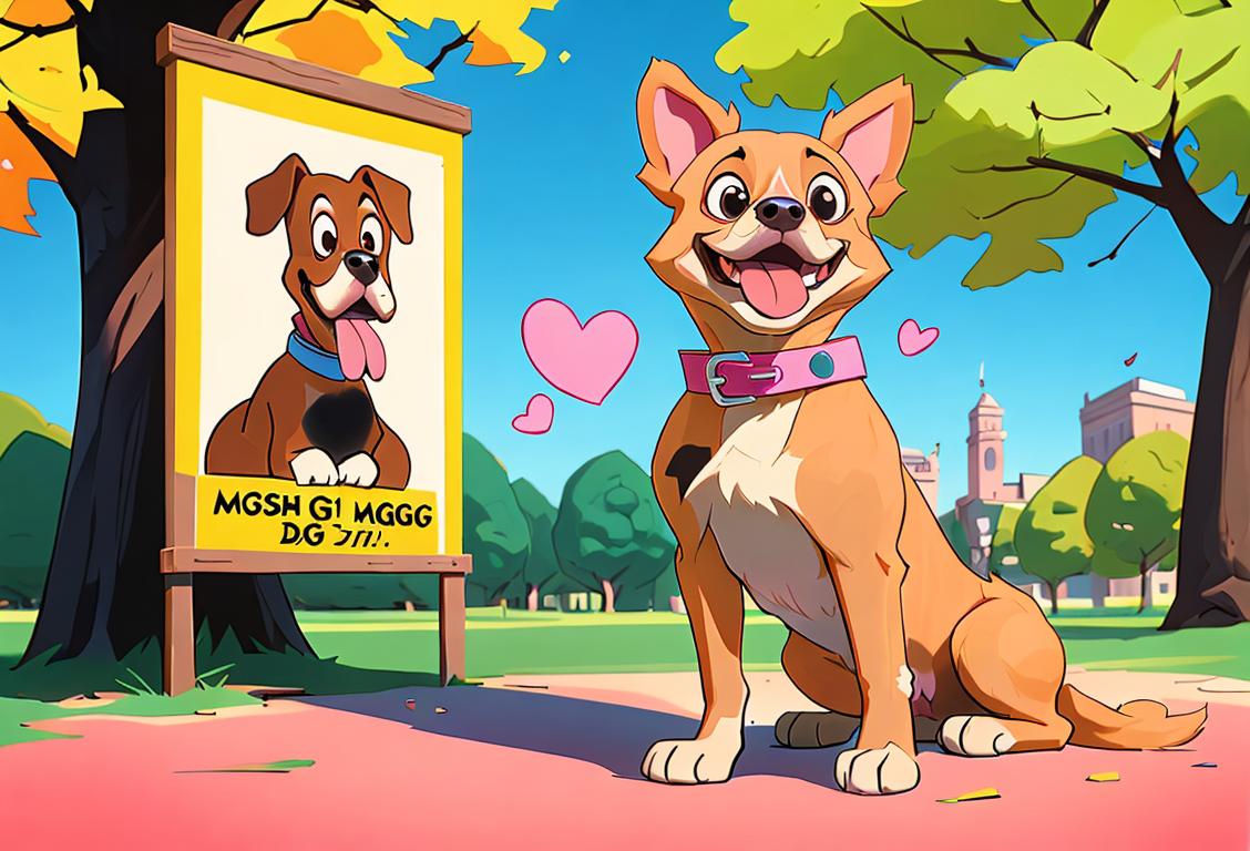 Happy dog with wagging tail, wearing a bright colored collar, surrounded by posters with 'Lost Dog' written on them, park background..