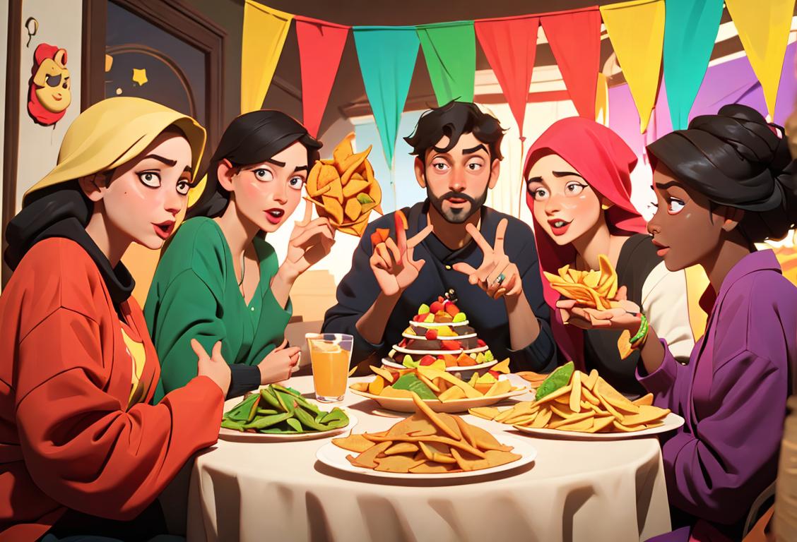 A diverse group of friends enjoying a party, with tortiyah chips of various flavors and toppings, in a vibrant and festive atmosphere..