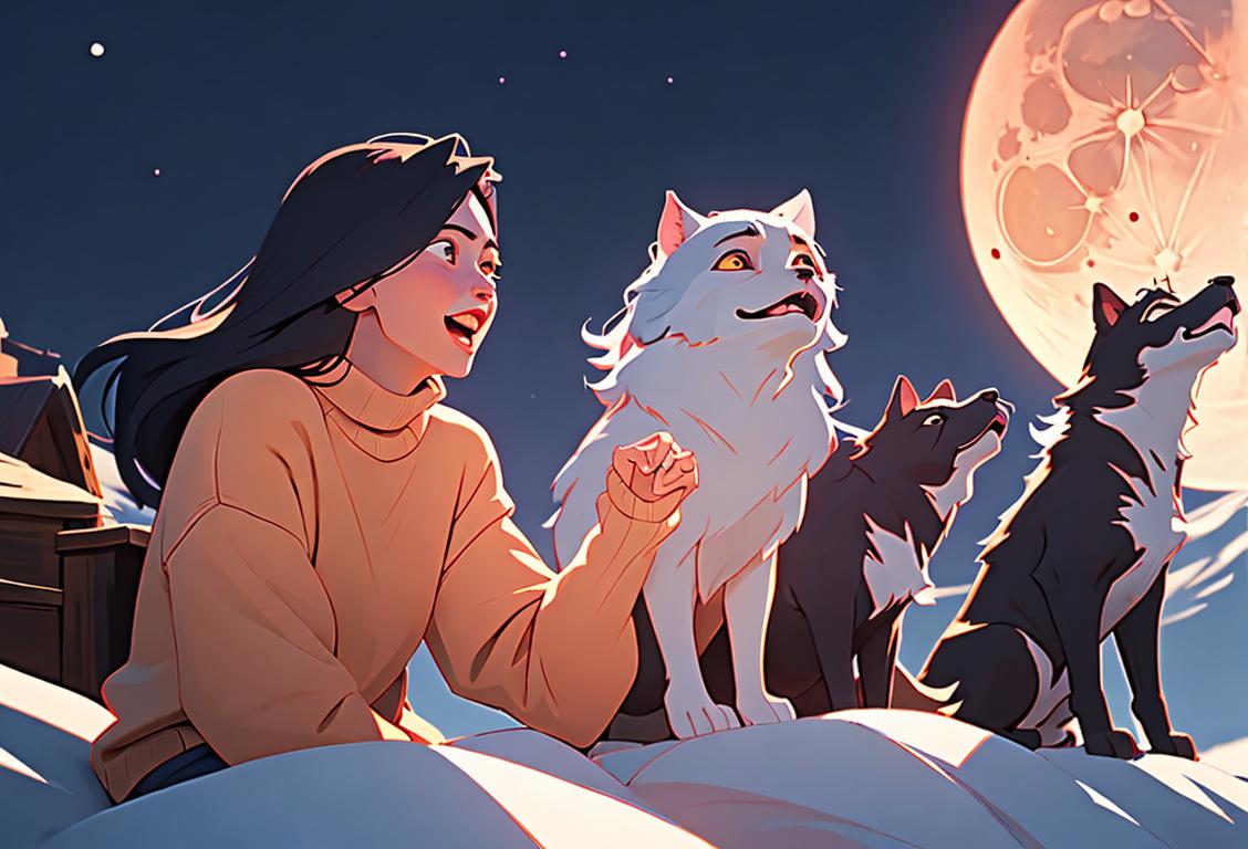 Joyful group of people in outdoor setting, wearing cozy sweaters, howling at the full moon with excitement..