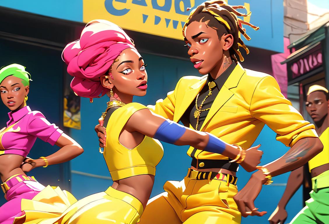 Young men and women dancing to Dancehall music, wearing vibrant and stylish outfits, in a bustling city street full of energy and excitement..