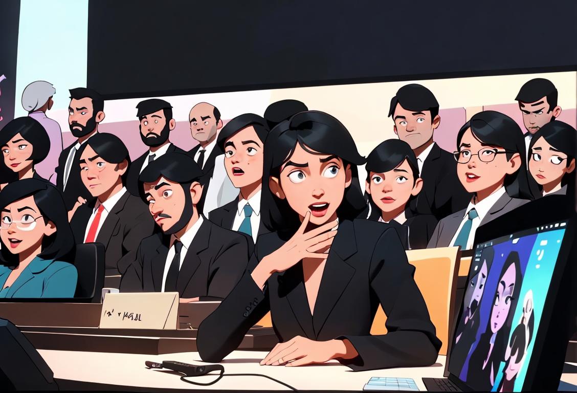 An animated crowd of diverse individuals sitting in front of their computers, dressed in various styles, from casual to formal, commenting and reacting enthusiastically to a livestream of a convention..