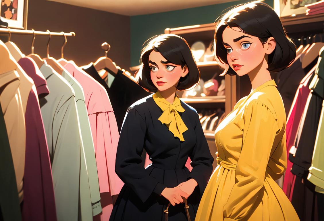 Young woman trying on a vintage dress, surrounded by racks of colorful clothes, in a cozy and eclectic thrift store..
