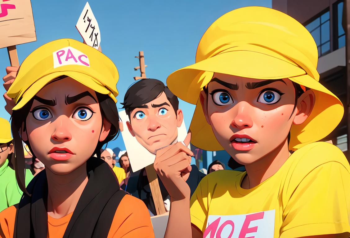 Group of people wearing brightly colored shirts, holding signs, protesting for workers' rights, diverse urban setting..