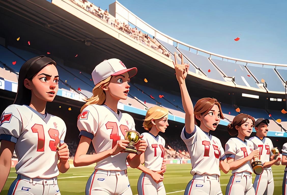 Group of people holding trophies, wearing jerseys and team hats, celebrating victory on a sunny stadium field..