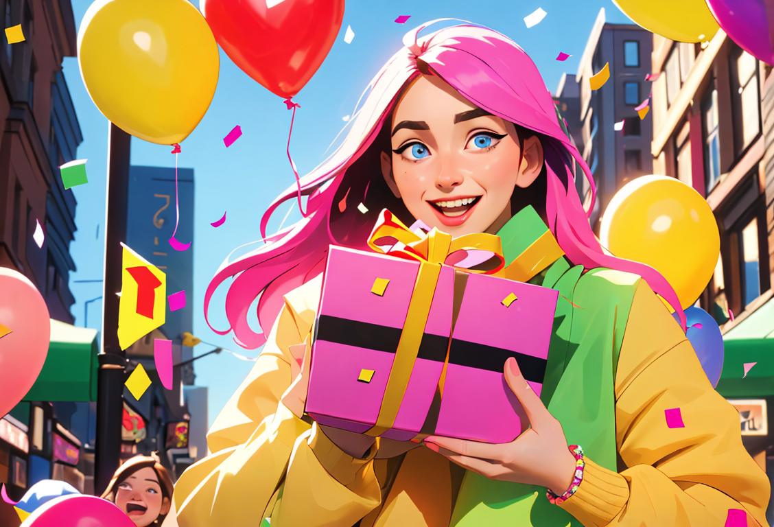 A cheerful person holding a wrapped gift box, surrounded by colorful confetti and wearing trendy fashion, city celebration scene..