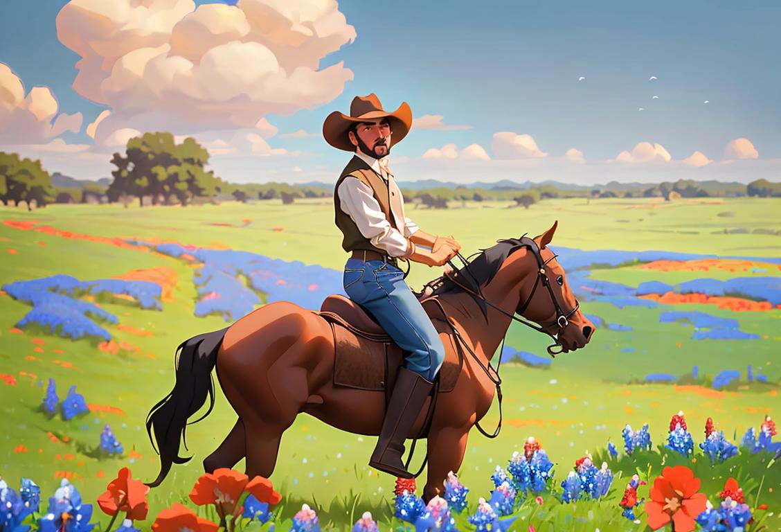 A Texan rancher in cowboy boots and a wide-brimmed hat, riding a horse through a vast open prairie with bluebonnets in bloom..