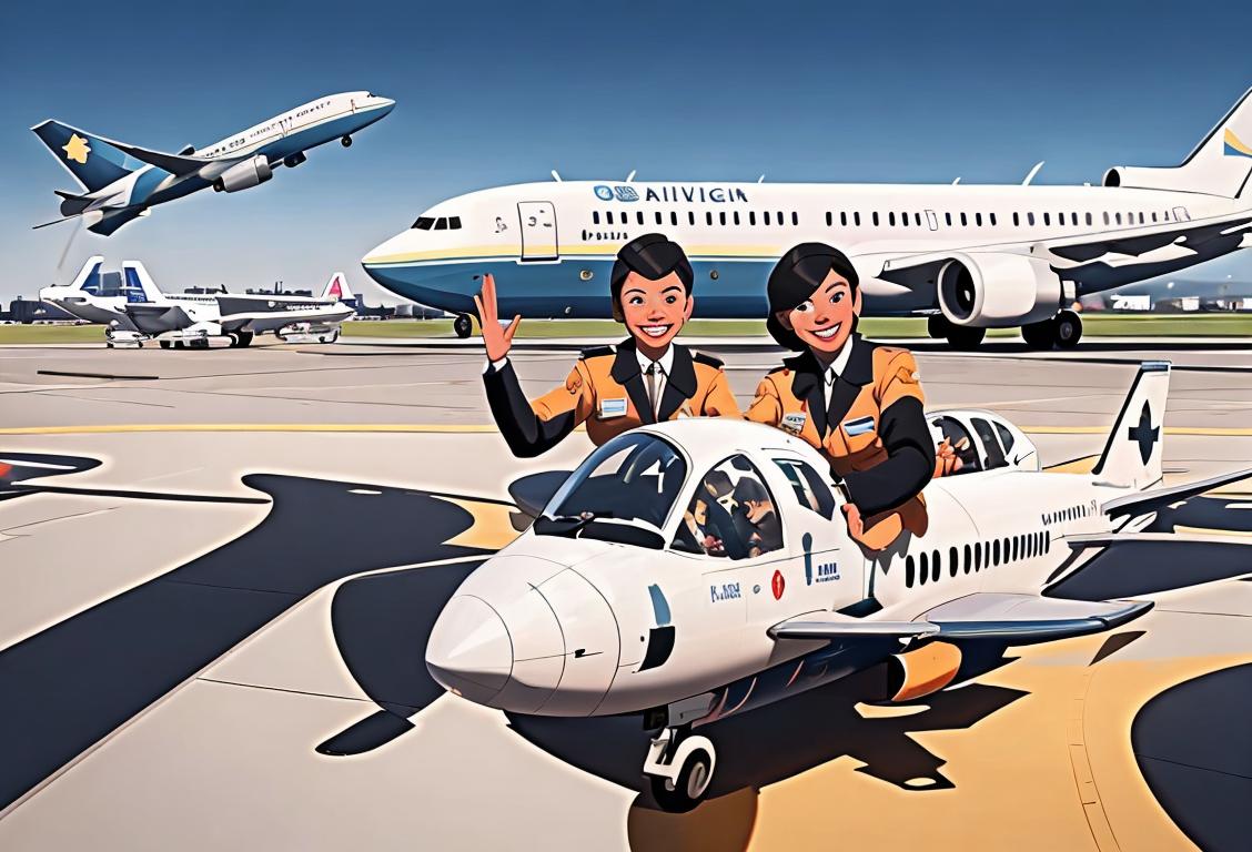 Group of diverse airline pilots in modern uniforms, smiling and performing safety gestures, against a backdrop of an international airport..