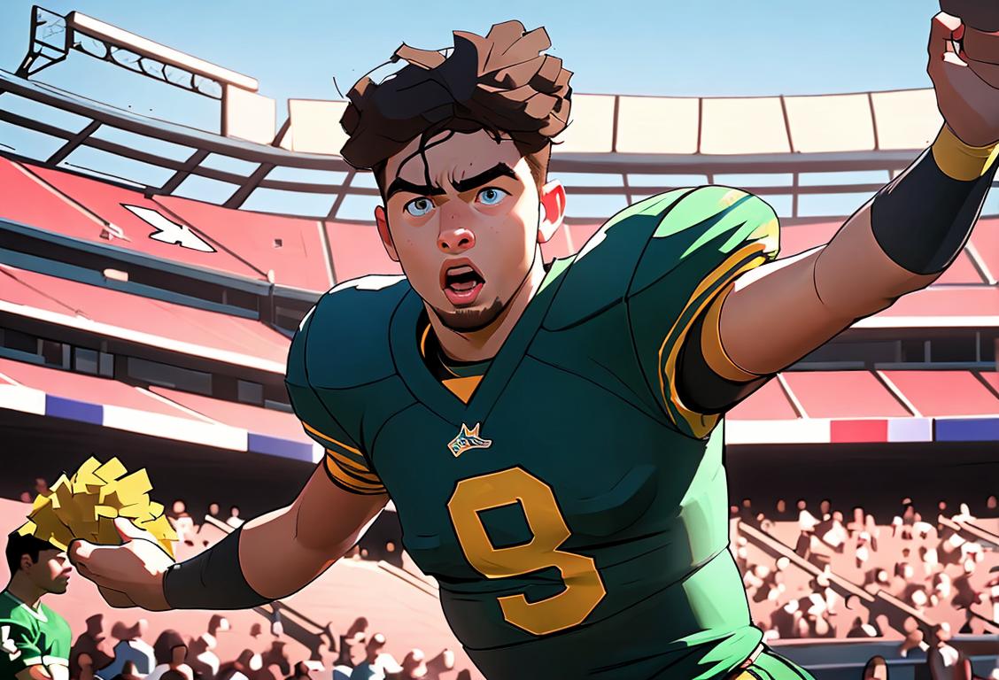 A determined football player making a high-flying interception, wearing team jersey, intense stadium atmosphere, surrounded by cheering fans..