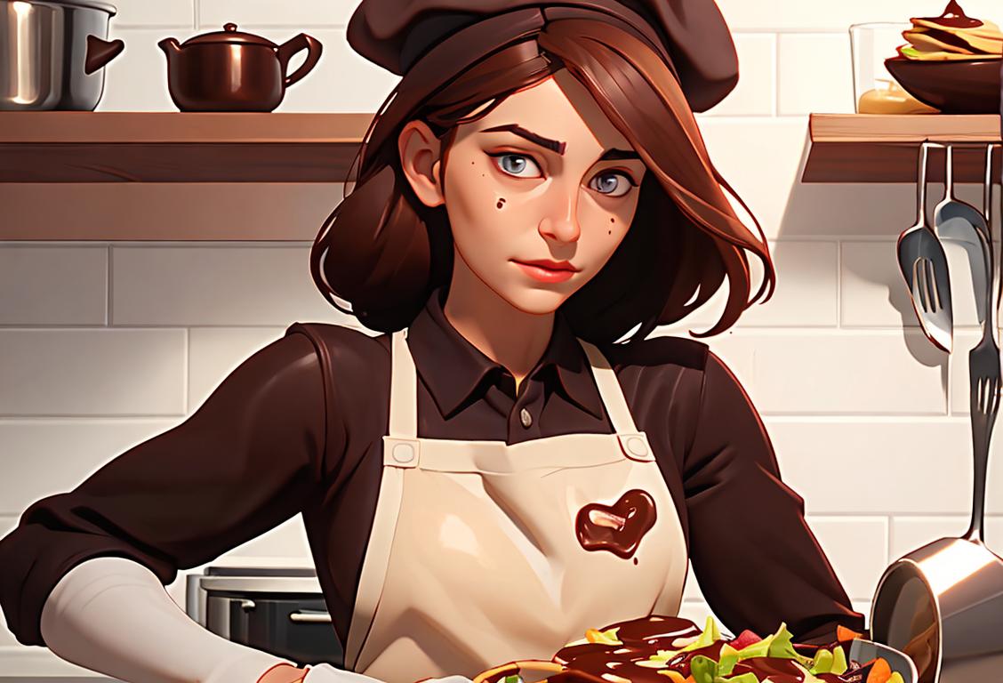 Young woman making a pancake chocolate salad, wearing a chef's hat, apron, and surrounded by kitchen utensils..