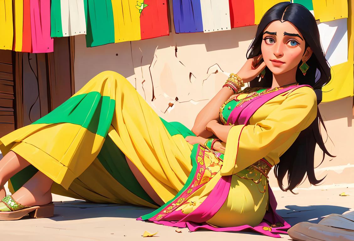 Young woman wearing colorful Kurdish dress, adorned with intricate embroidery, showcasing the vibrant fashion heritage of Kurdish clothing. Kurdish cultural celebration, lively street market setting..