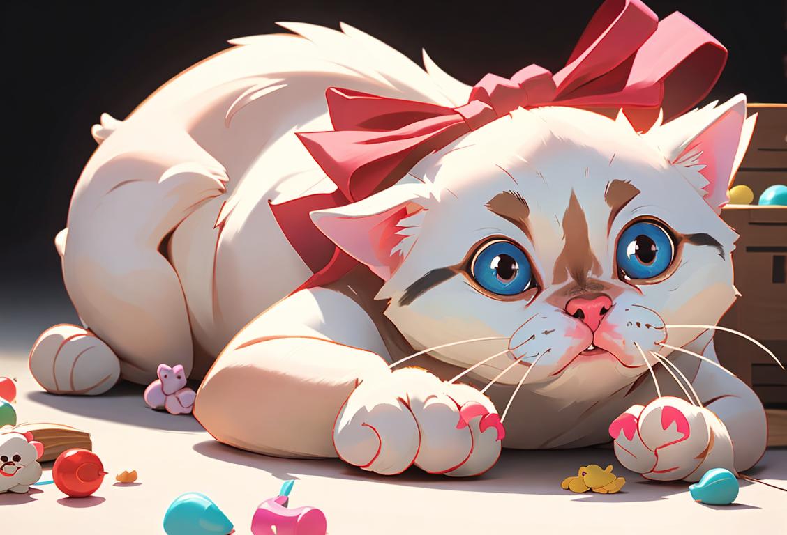 A joyful child, wearing a cute bow, surrounded by toys and treats, with a contented pet by their side..