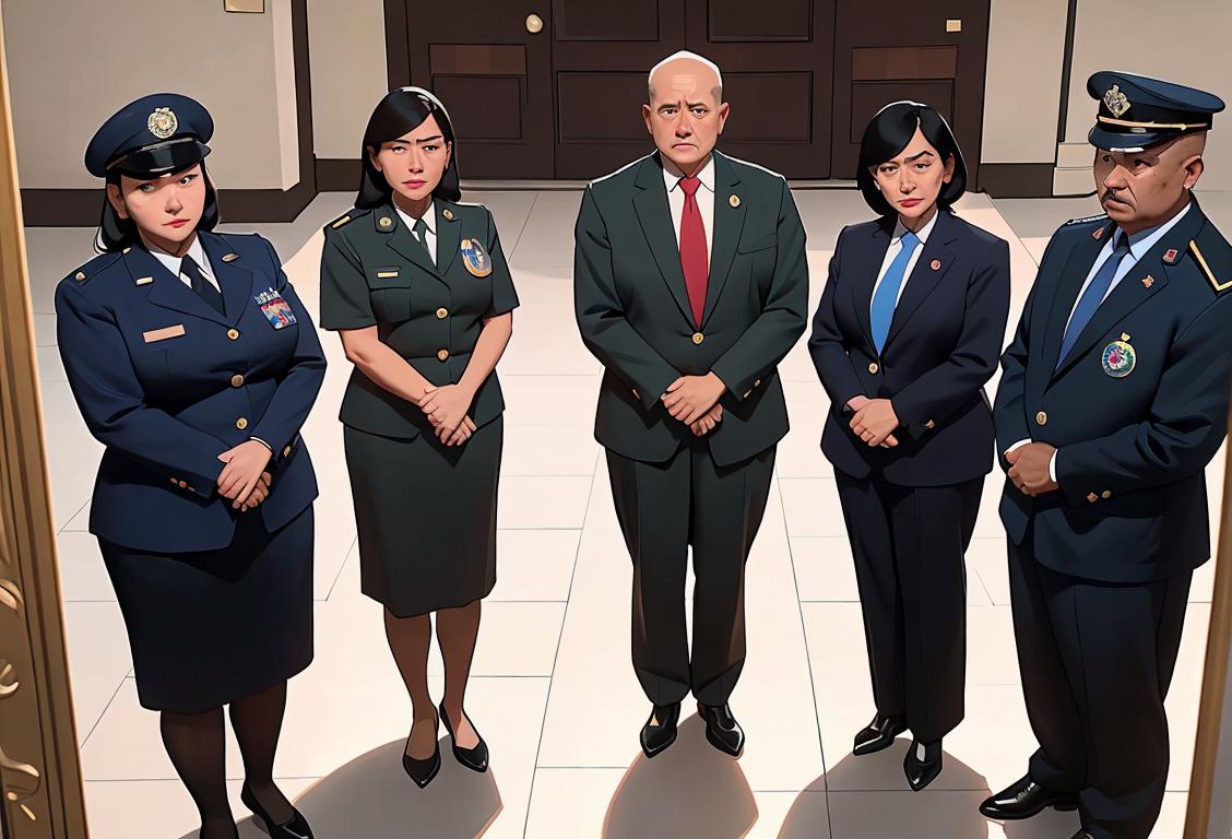 A diverse group of government officials in professional attire, standing together and safeguarding the nation's security with determination and unity..