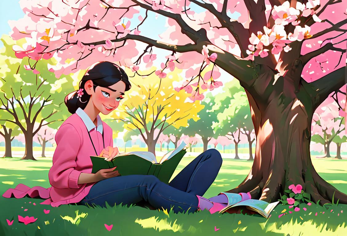 Young person sitting under a tree, blushing and smiling while reading a love letter, surrounded by blooming flowers and vibrant colors..