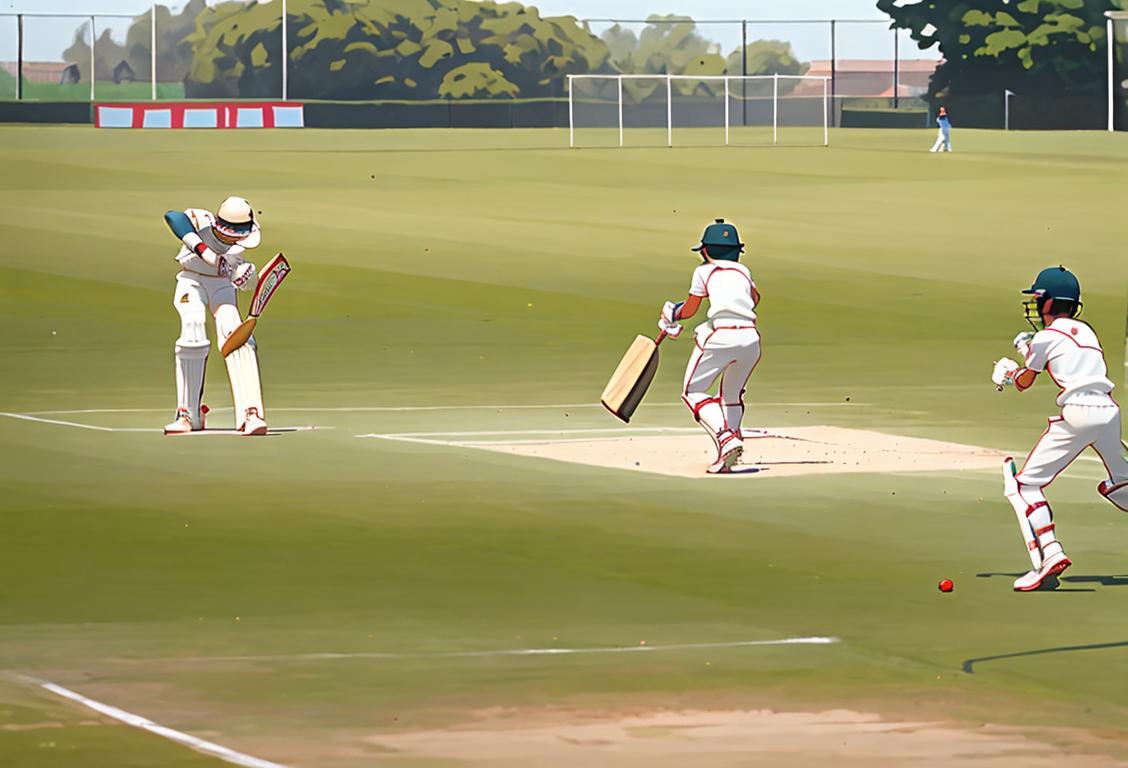Group of young cricketers in white cricket gear, practicing at National Cricket Academy on the fourth day, sunny outdoor cricket ground setting..
