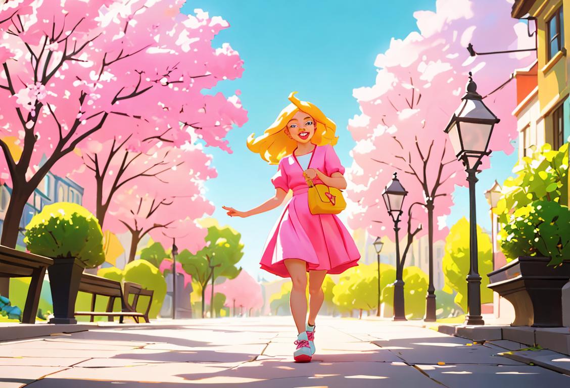 A joyful individual wearing comfortable shoes, strolling around various objects with a whimsical outfit, in a vibrant and lively environment..