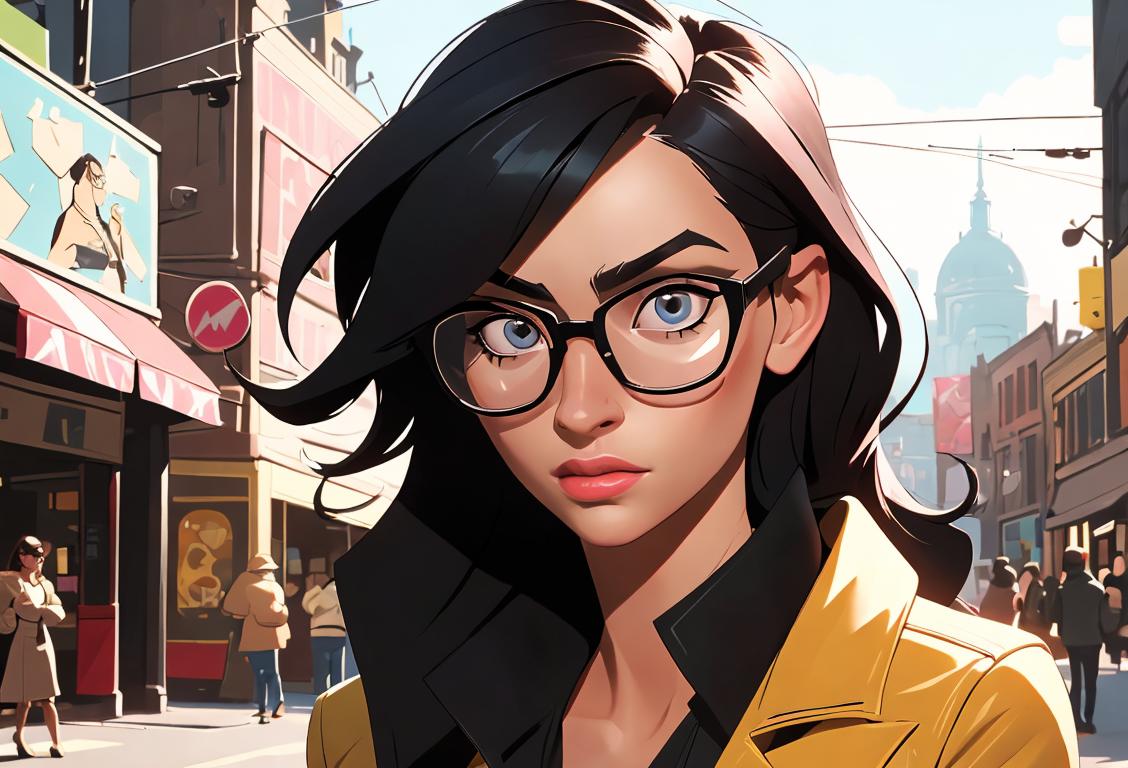A stylish woman with various eyewear options, rocking a cool outfit in a bustling urban setting..
