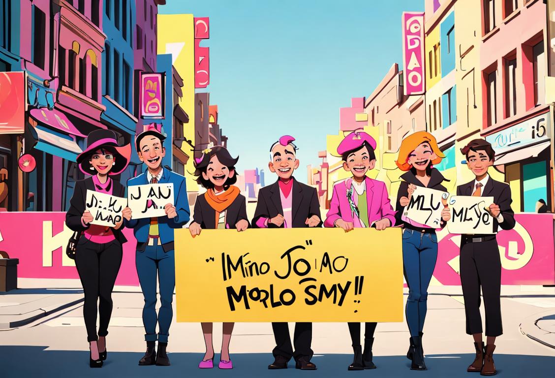 A group of smiling individuals, dressed in various styles and fashion, holding signs that say 'Hello, my name is Joe' in different languages, against a colorful city backdrop..