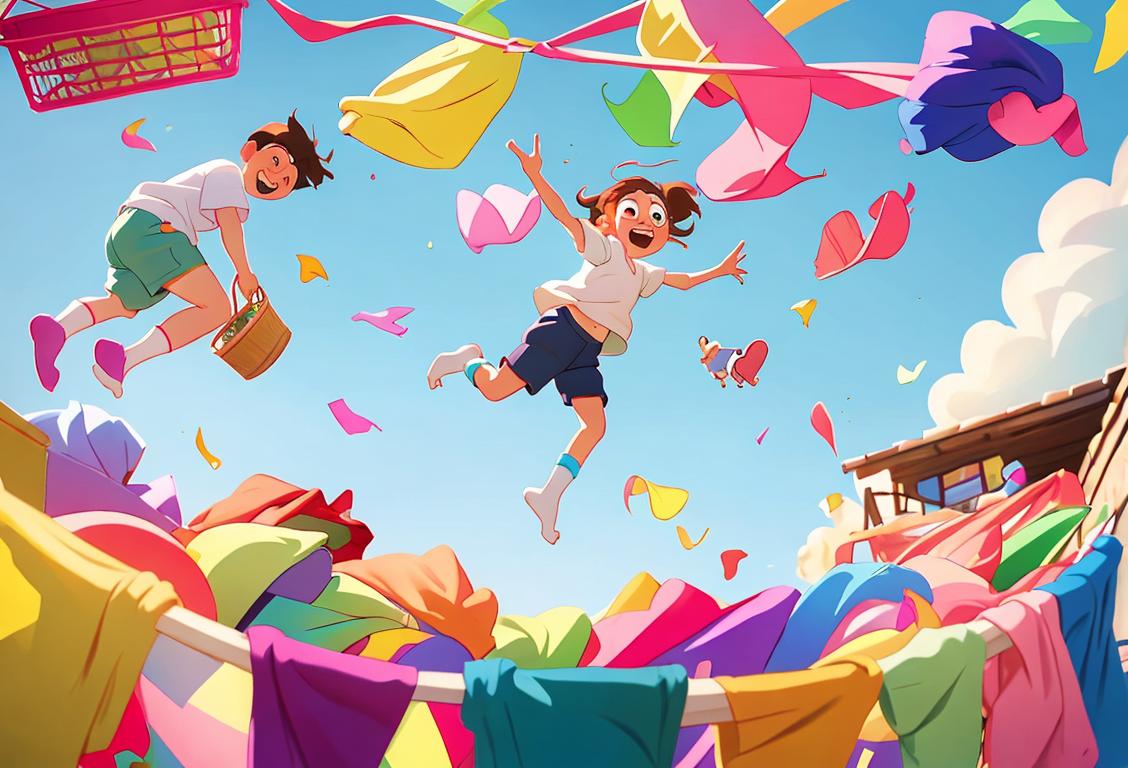 A joyful scene of colorful mismatched socks flying in the air, accompanied by a laundry basket overflowing with clothes, expressing the frustration and humor of National Lost Sock Day..