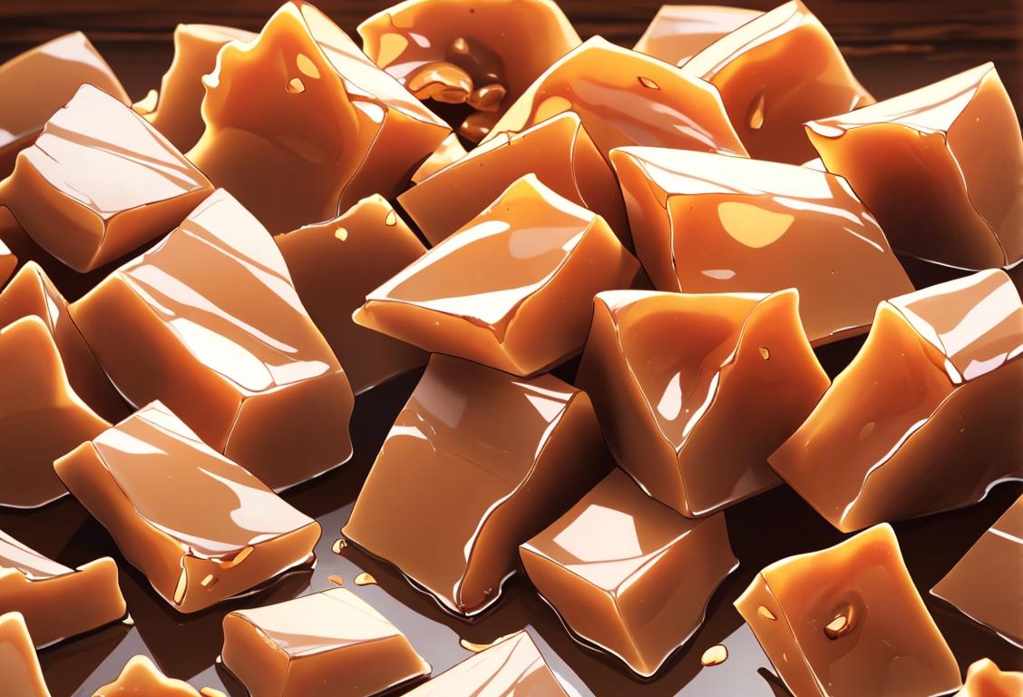 Close-up of a piece of peanut brittle, showing its golden color and crackling texture, against a rustic kitchen backdrop..