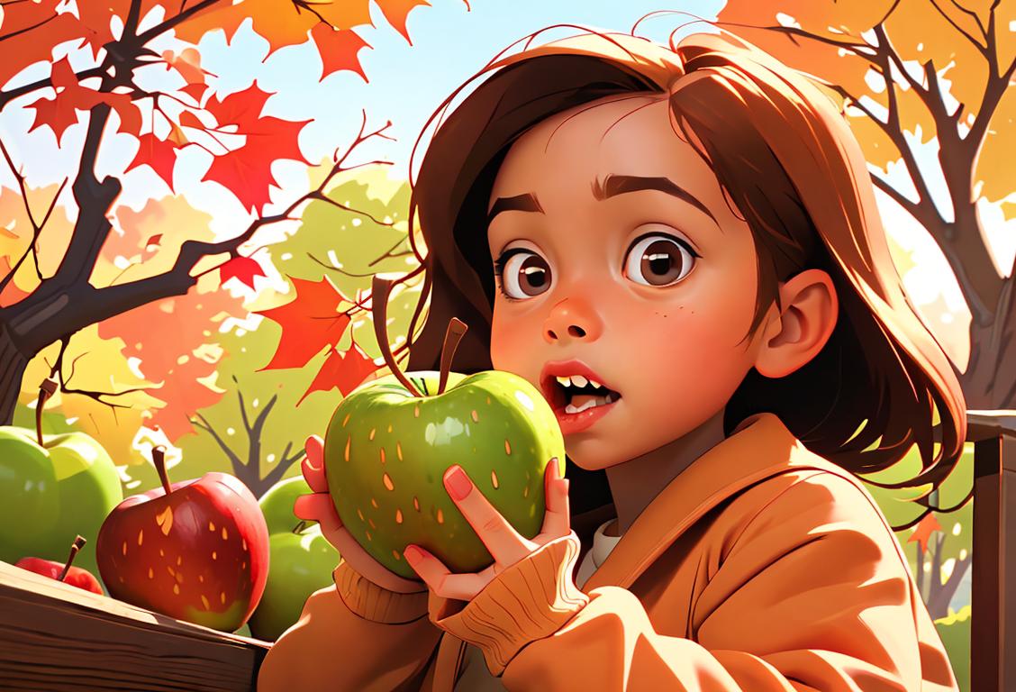 Young child happily biting into a caramel apple, wearing a cozy sweater, autumn leaves falling in a colorful park..