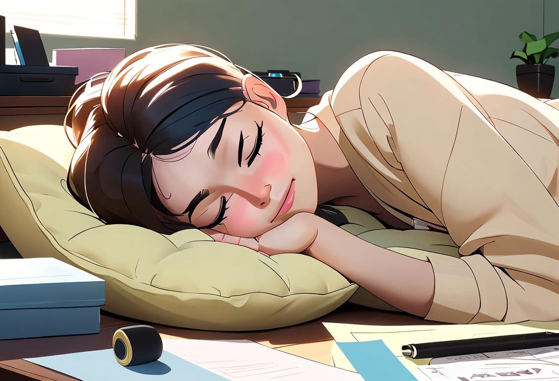 A cheerful employee taking a cozy nap with a plush pillow and a soothing eye mask, surrounded by office supplies and a sign that says 'National Workplace Napping Day'..