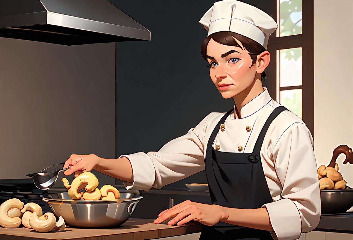 A person holding a bowl filled with cashews, wearing a chef's hat and apron, kitchen background with cooking utensils..