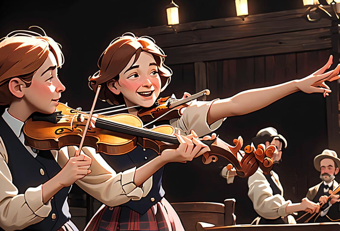 Cheerful fiddler playing a lively tune, showcasing vibrant 19th century clothing, lively barn dance atmosphere..