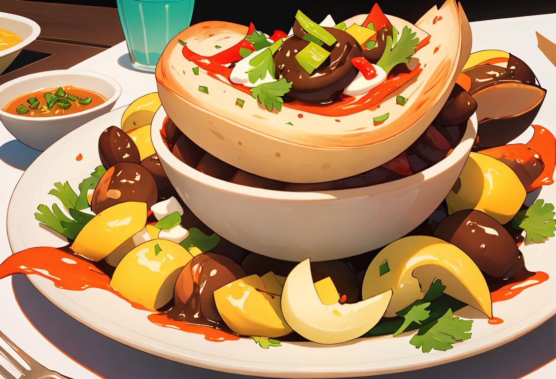 Delighted foodies enjoying a feast of diverse cuisines with colorful outfits, lively atmosphere, and a variety of mouthwatering dishes on National Eat Whatever You Want Day..