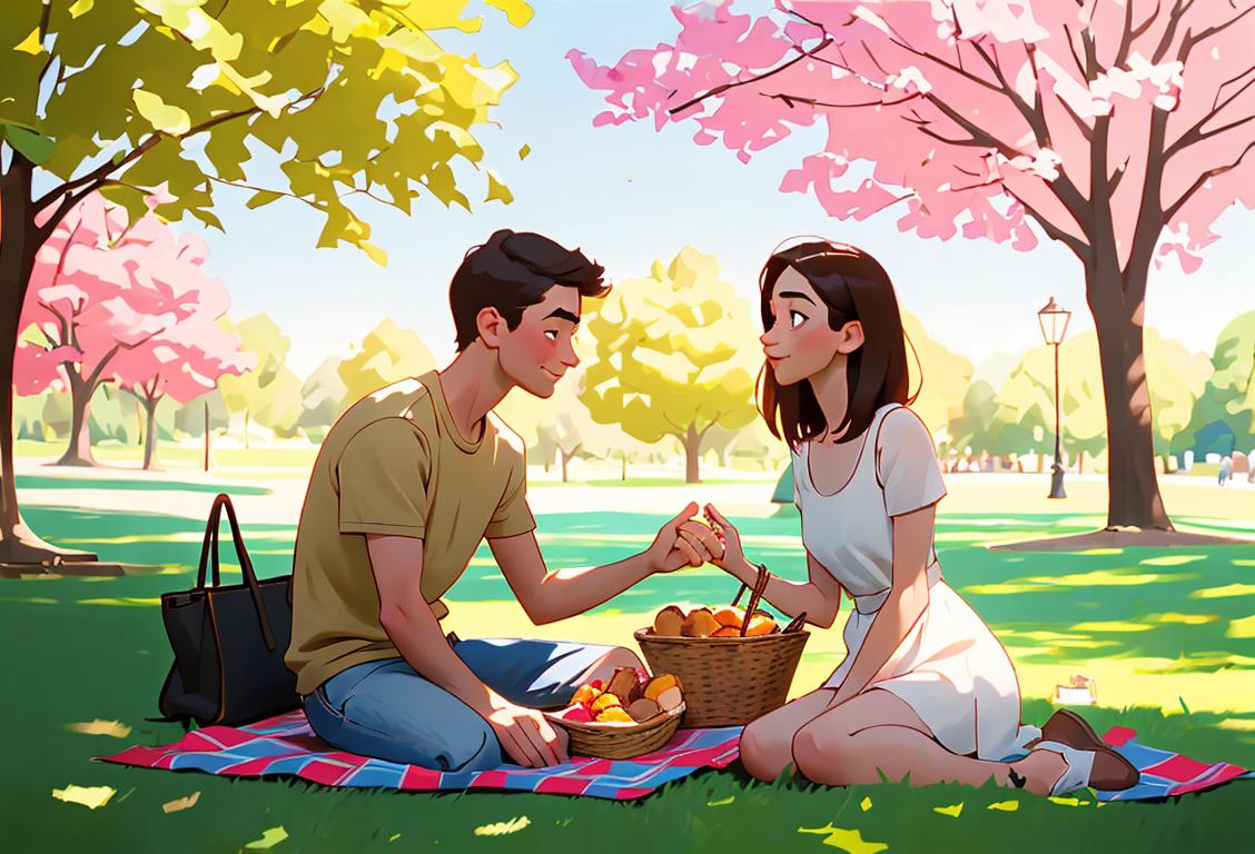 Young couple sharing a basket of dates, sitting on a picnic blanket in a sunny park, dressed in casual summer attire..