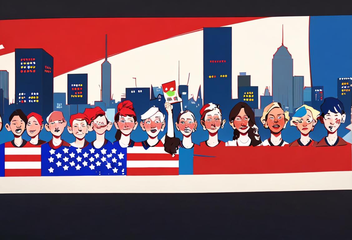 A diverse group of people wearing patriotic colors and holding signs that say 'Vote' in front of a bustling cityscape, American flag in the background..