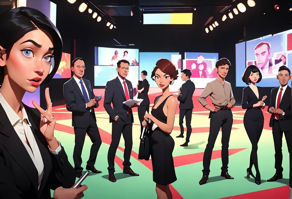 A diverse group of people, representing different media outlets, gathered around a newsroom, wearing stylish outfits, in a vibrant city backdrop..