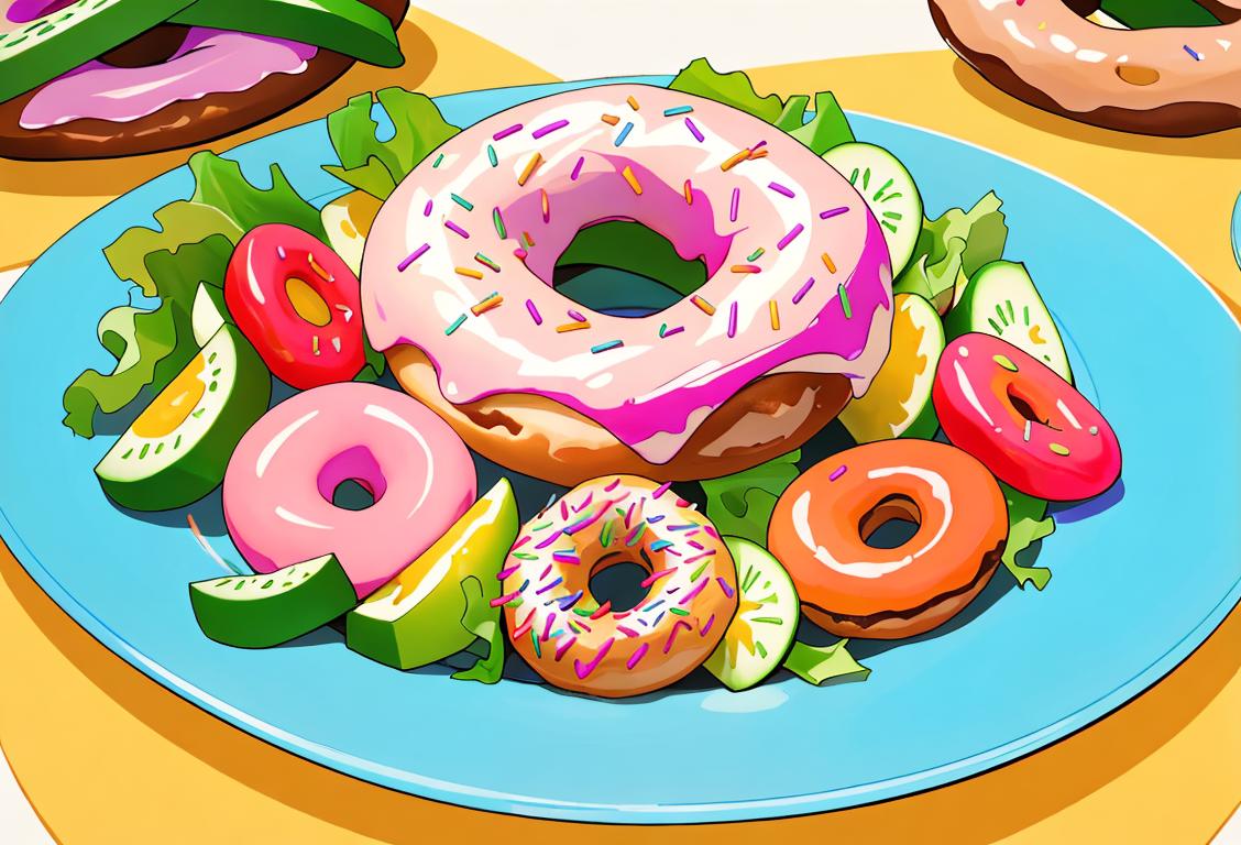 A cheerful plate of colorful donut salad surrounded by fresh vegetables, set against a backdrop of a sunny picnic in a park..