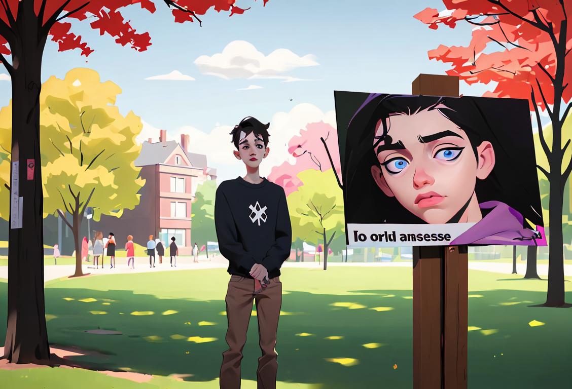 Young person holding a poster with the words 'Opioid Overdose Awareness' while standing in a park with diverse group of people, wearing casual clothing..