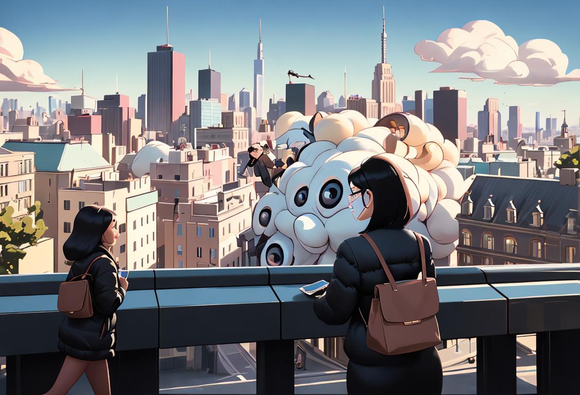 Happy people banking on the go, using smartphones and wearing modern attire, amidst a bustling futuristic cityscape..