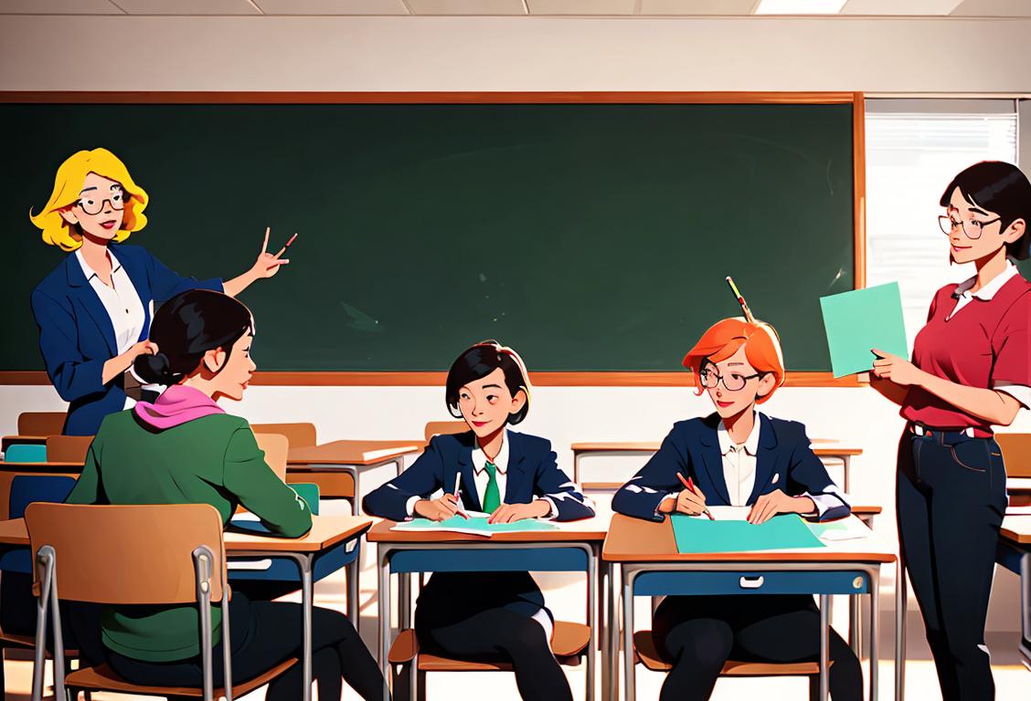 A group of diverse students standing in a classroom, holding signs saying 'Thank you, National Board Certified Teachers!'. Bright, colorful decor and professional attire..
