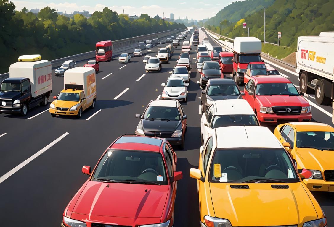 A group of vehicles stuck in traffic on a national highway, with a diverse range of people waiting patiently in the background, portraying unity and solidarity..