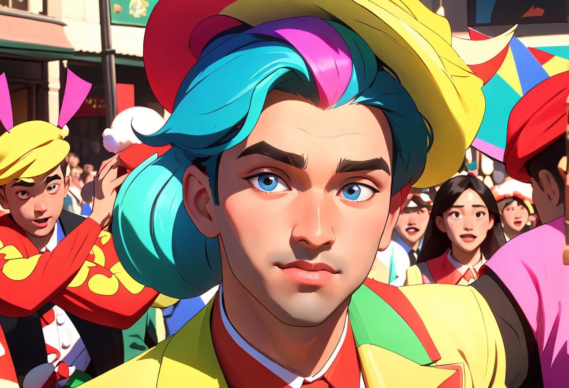 Young man celebrating National Wide for the Second Day in lively street parade, wearing colorful clothing, surrounded by diverse group of people, festive atmosphere..