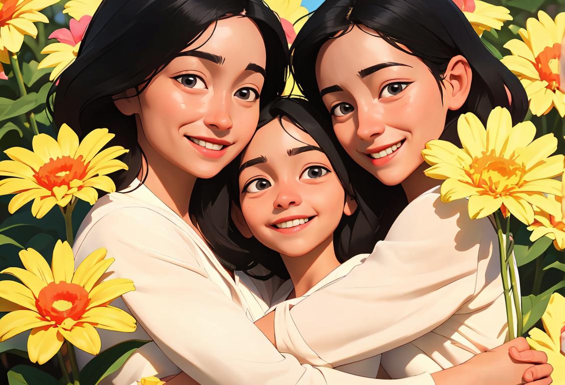 A heartwarming image of a diverse group of mamas, smiling and embracing their children, surrounded by blooming flowers and sunshine..