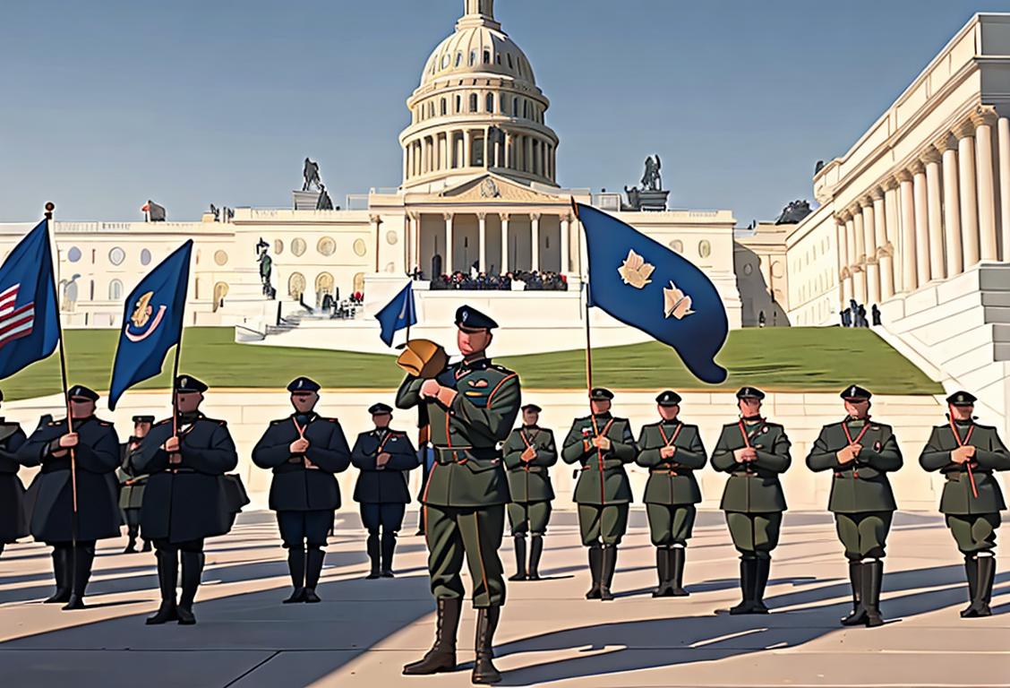 National Guard soldiers in uniform,holding flags and standing in front of the U.S. Capitol building, surrounded by cheering crowds.