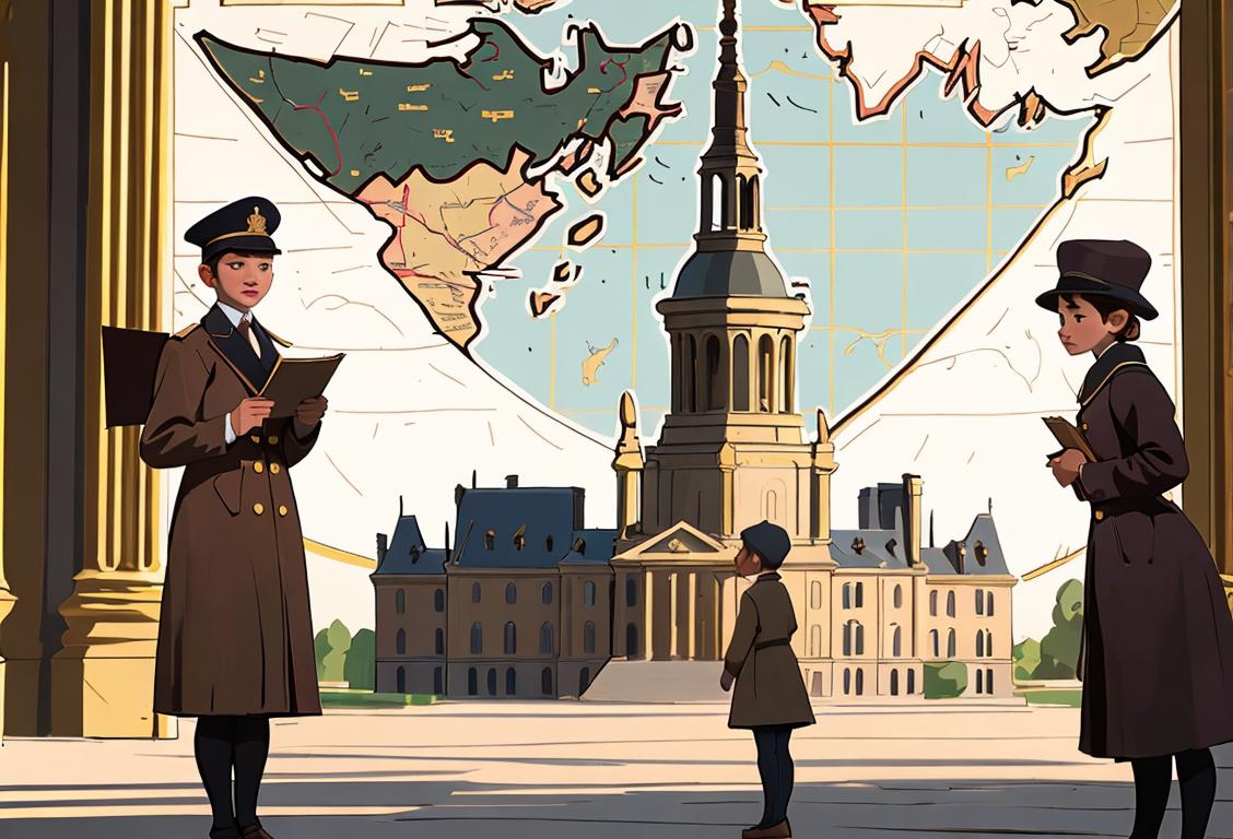 Young explorers dressed in historical clothing, holding maps, standing in front of iconic capital buildings from different time periods..