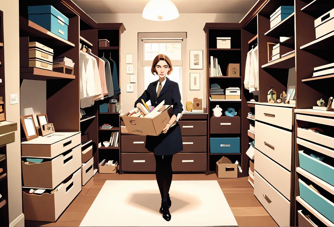 A person organizing a neat closet, wearing a stylish outfit, surrounded by labels and color-coded boxes..