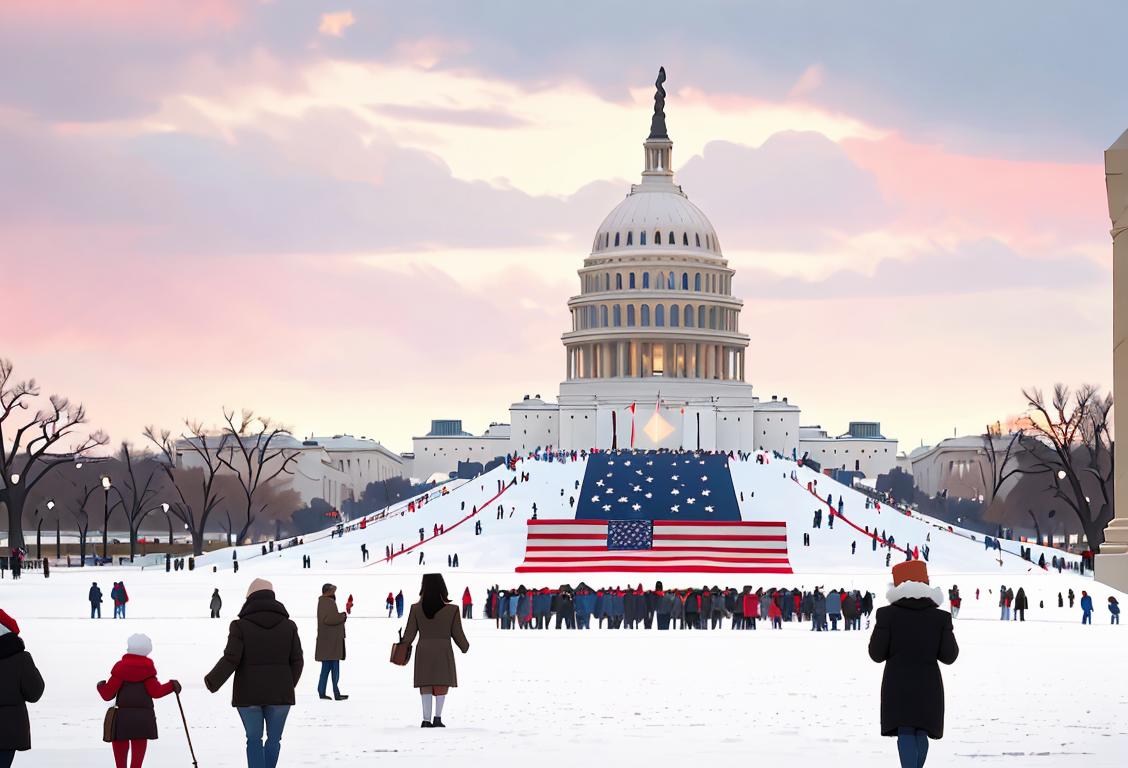 Crowded National Mall during Inauguration Day, American flags waving, chilly winter fashion, iconic Capitol building in the background..